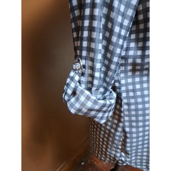 Express The City Womens M Plaid Blk White Button Up Collared Career Top Pockets - Picture 3 of 9